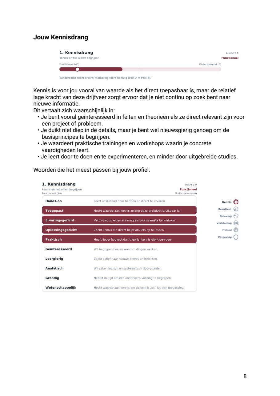 Pagina uit het Drijfveren-voorbeeldrapport: de drijfveer Kennisdrang